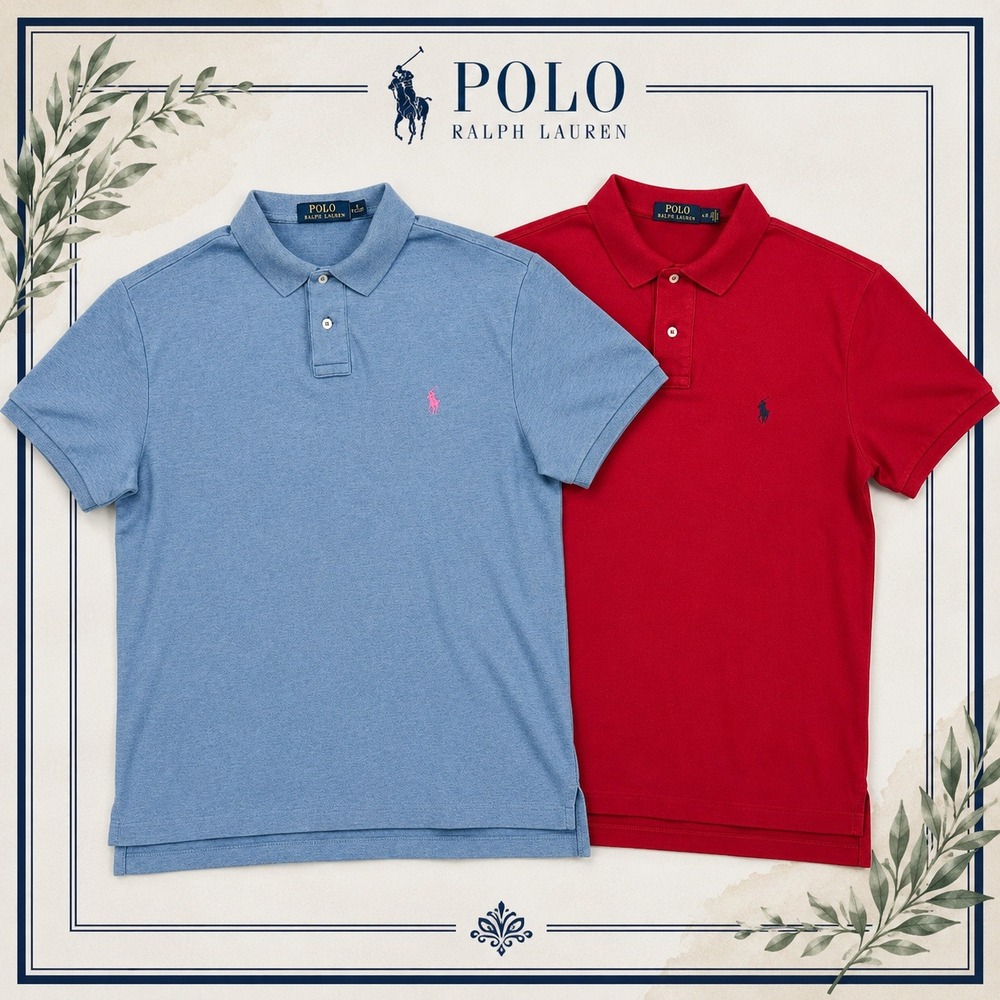 Polo Ralph Lauren Custom Fit Polo Shirts Men L Red Blue Preppy Lot of 2 Bundle